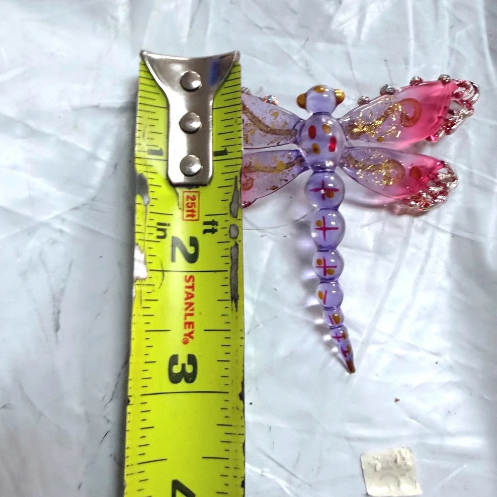 Purple Pink Glass Dragonfly Ornament Gold Foil Rhinestone Suncatcher Whimsical
